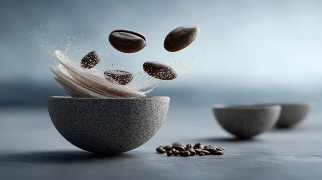 Coffee beans being elegantly poured into a textured bowl. Healthy organic food clean eating natural nutrition wellness lifestyle fresh ingredients.
