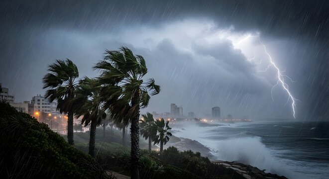 Stormy coastline with lightning over the sea and palm trees
