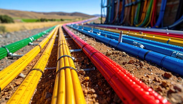 A series of vibrant color coded communication cables being installed across a rugged landscape, illustrating the expansion of modern digital network infrastructure and connectivity systems.