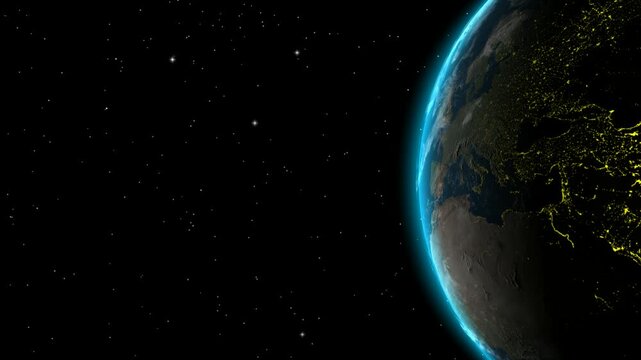 Cinematic view of spinning Earth globe against dark cosmic background and shining stars