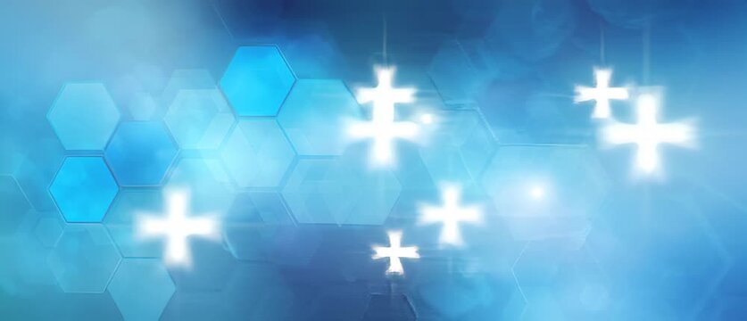 Abstract blue background with glowing plus signs and hexagons