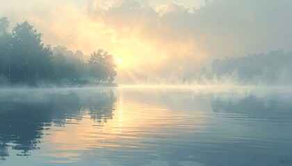 Fototapeta premium Soft fog rolling over lake with subtle sunlight rays, ultra-realistic serene landscape