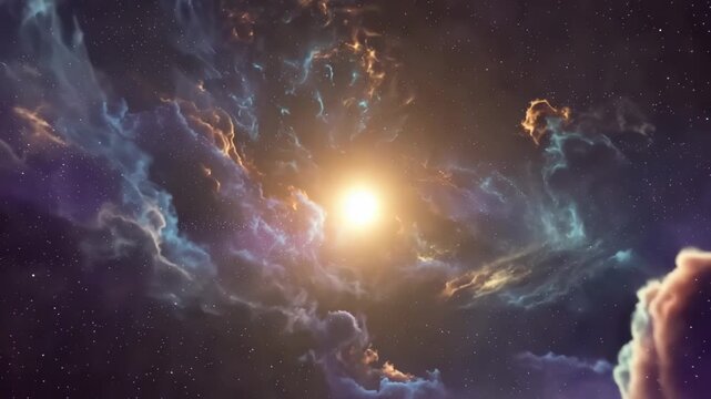 Vibrant cosmic nebula with glowing stars and celestial clouds in deep space