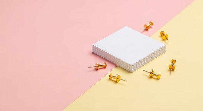 A stack of blank white paper notes surrounded by golden pushpins on a pastel pink and yellow background.