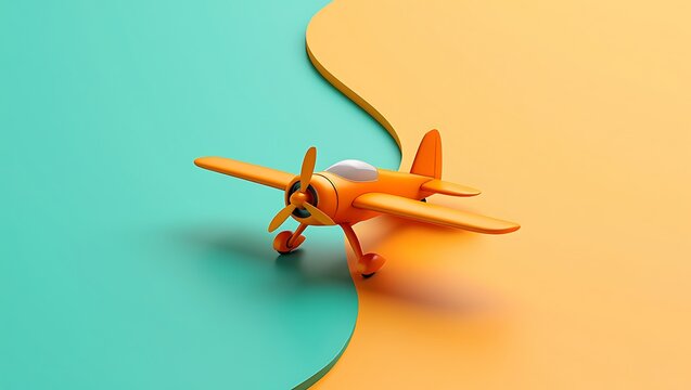 Orange toy airplane on a two-tone background with airplane transportation aviation children background separation adventure