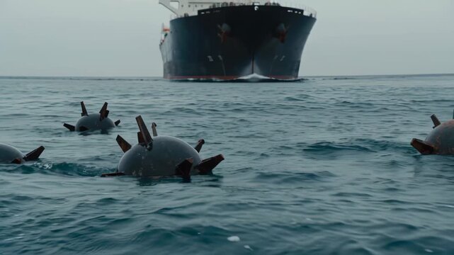 Cargo ship approaching field of floating naval mines in open ocean. Maritime security threat and blockade concept. Panning wide shot.