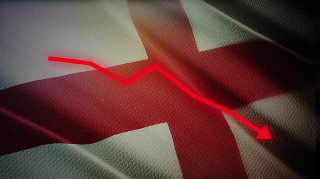 England Flag with Red Financial Graph Chart &ndash; Economic Decline, Market Crisis and Recession Concept
