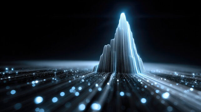 Futuristic glowing mountain peak, digital landscape, exponential growth chart, abstract data visualization, blue neon light