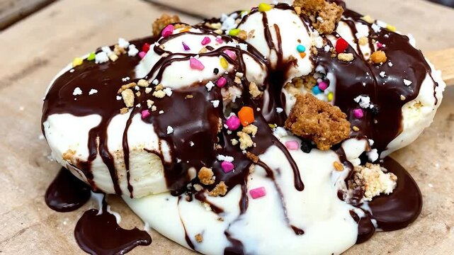 A decadent ice cream dessert drizzled with chocolate sauce and colorful sprinkles.
