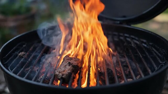 Close-up of meat cooking over flames on a barbecue grill.