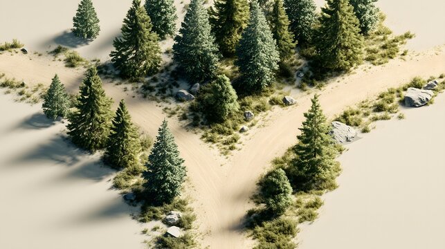 Conceptual background: Isometric view of a forked road in a minimal forest