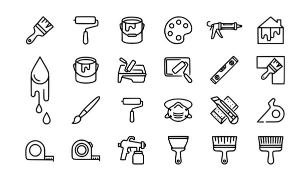 Paint line icons set with paint brush roller and decorating tool symbols in modern thin outline style for web and app design