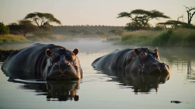 Two hippos resting in river water during golden sunrise in Africa