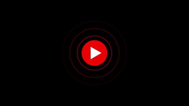 Red play button icon with radiating circles on a black background music start sign circle design music start sign circle design