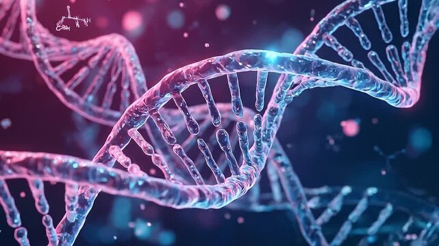 Abstract 3D animation of DNA strands floating with scientific chemical formulas, biological genetics research and molecular medicine concept.
