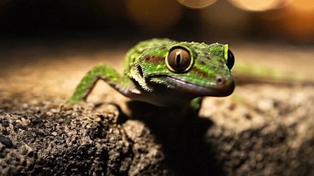 A small green gecko lizard resting on a textured stone surface at night with blurred city lights in the background, wildlife macro photography.