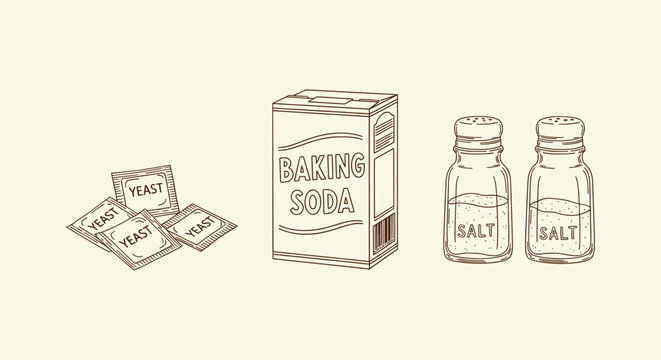Baking Ingredients Line Art Illustration Set featuring Yeast Packets Baking Soda and Salt Shakers