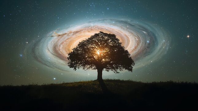 Silhouette of lone tree against spiral galaxy backdrop cosmic nature concept