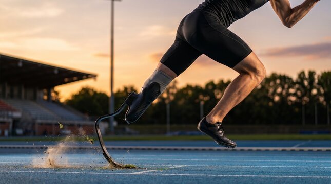  Dynamic Action Athlete with Unbranded Bionic Prosthetic Leg Running on Track