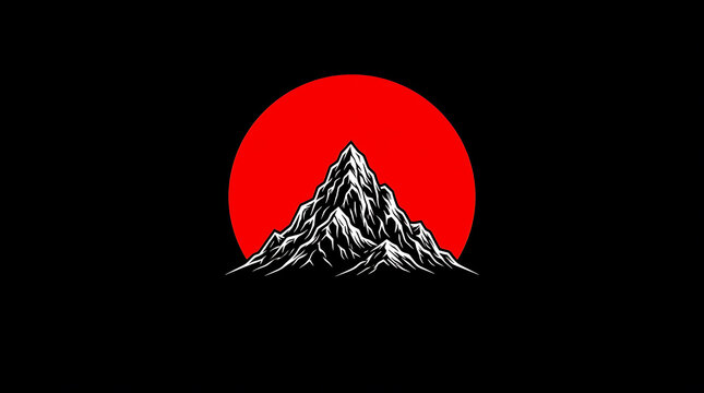 Monolithic Red Sun and Solitary Mountain Peak Minimalist Dark Design