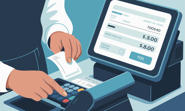Modern POS System and Cashier Transaction Vector Illustration