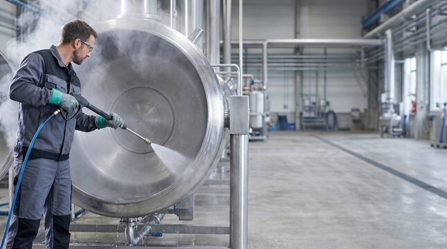 Caucasian Male Worker Performing HACCP Compliant Steam Cleaning of Industrial Food Grade Stainless Steel Vat