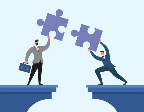 Business partners connecting puzzle pieces across a gap, symbolizing teamwork, collaboration, partnership, problem solving, and unity, Team Collaboration, Business Partnership, Problem Solving