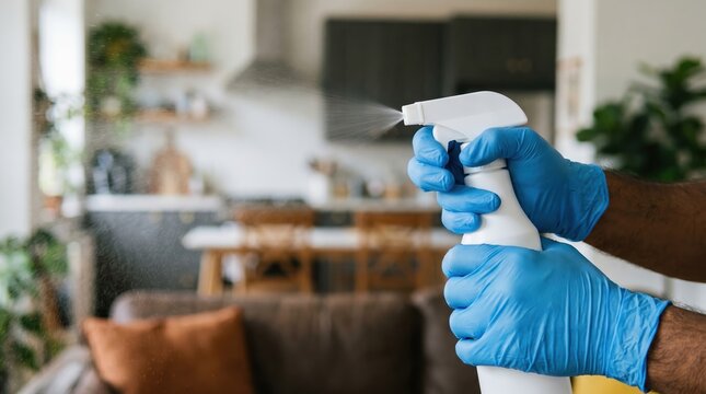 Man with Mysophobia Wearing Blue Nitrile Gloves Spraying Disinfectant Mist in Home Living Room
