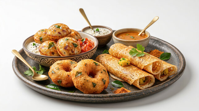 Delicious South Indian breakfast platter with idli, vada, and dosa