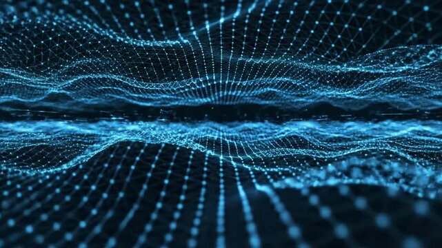 Vibrant blue data waves flow through a digital landscape at night.