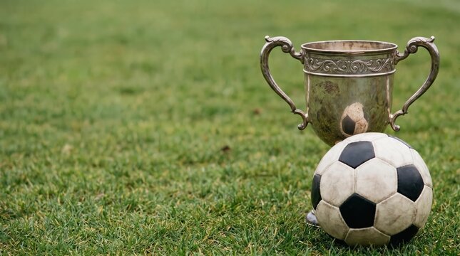 Silver trophy cup and soccer ball on green grass field for amateur youth soccer championship achievement.