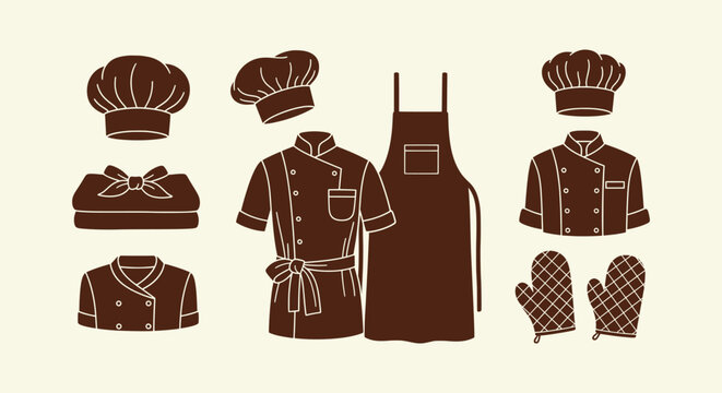 Professional chef uniform clothing set with jackets hats aprons and mitts for restaurant branding.