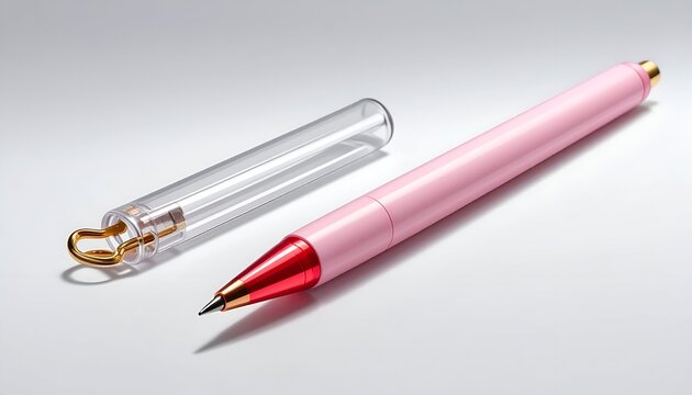 Pink pen and open clear case with gold details on white background