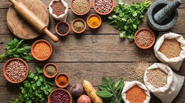 Ayurvedic Sattvic Diet Ingredients for Holistic Wellness and Plant Based Nutrition on Rustic Wood