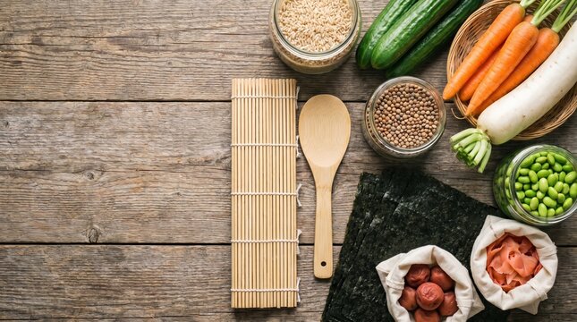 Macrobiotic vegan sushi preparation with brown rice, umeboshi, and fresh vegetables on a wooden table.
