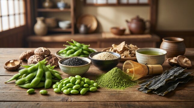 Japanese Longevity Diet Superfoods with Matcha Powder Edamame Shiitake and Kombu on Rustic Table