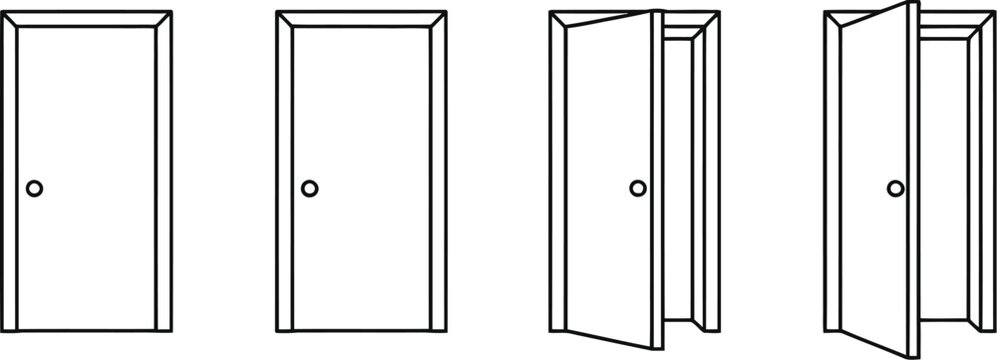 Door icon set showing closed and open positions in thin line vector style isolated on white background for architecture design.