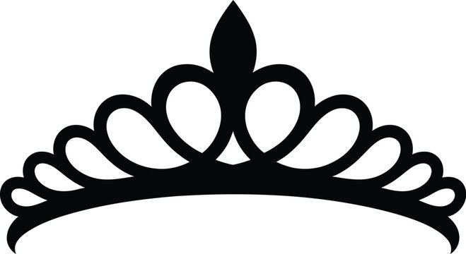 Ornate princess crown silhouette isolated on white background representing luxury beauty queen authority and sophisticated graphic design elements for celebrations.
