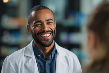 Obraz premium A smiling male doctor in a white coat engages warmly with a patient in a professional medical setting.