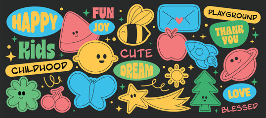 Fototapeta premium Set of cute kid elements collection. Funny and childish stickers with positive words.