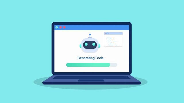 Animated illustration of a laptop displaying robotic code generation process, suitable for programming, automation, and technology concepts.