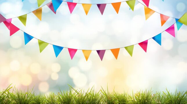 Colorful festive bunting flags over blurred garden background