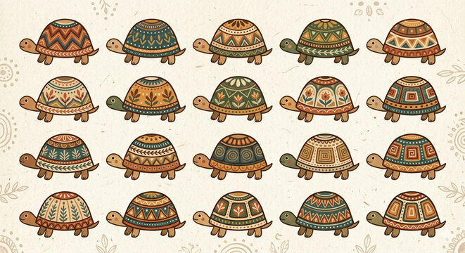 Collection of Stylized Folk Art Turtles with Decorative Geometric Patterned Shells on Textured Background