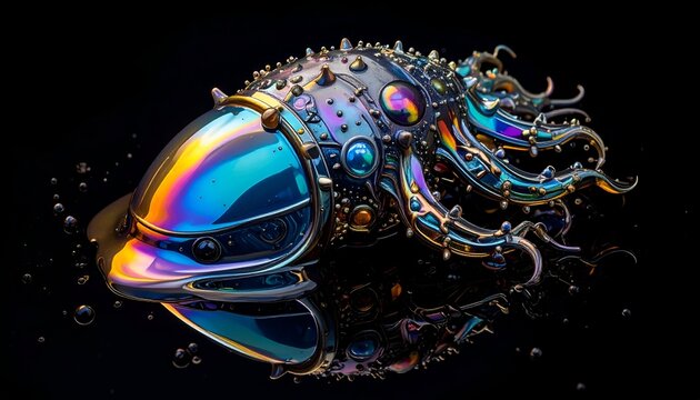Metallic, iridescent alien creature with tentacles reflecting on a black surface