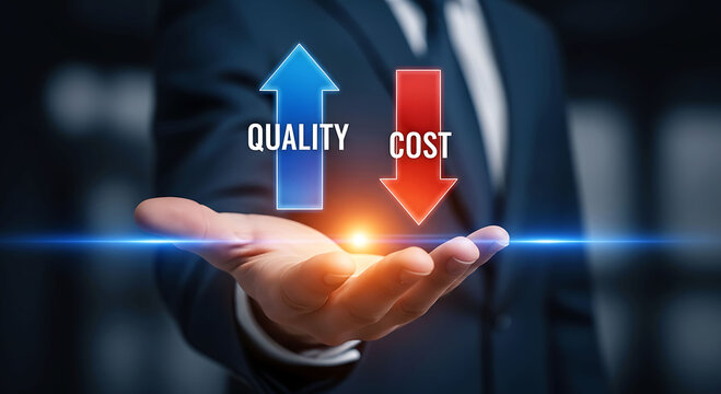 Business success concept with rising quality and falling cost arrows on hand