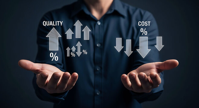 Business concept of increasing quality and reducing cost with arrows showing growth