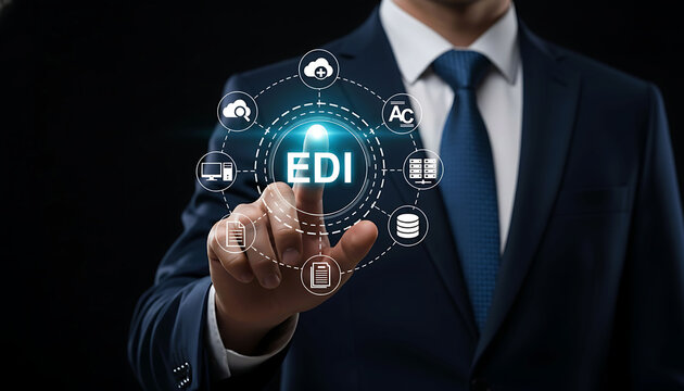 Businessman touching virtual EDI screen for electronic data interchange technology