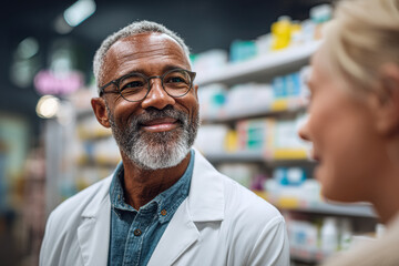 Obraz premium A friendly pharmacist with glasses and a white coat smiles warmly while assisting a customer in a brightly lit pharmacy.