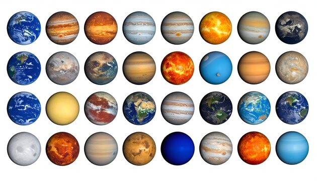 Grid of thirty-five celestial spheres, depicting a range of colorful planets
