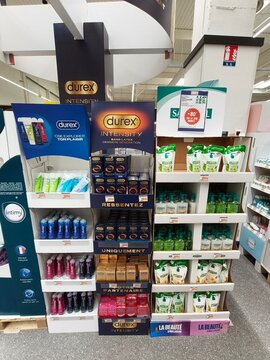 Royan, France - May 10, 2026: E.Leclerc. Durex Intensity display featuring various personal care products in a retail store aisle with promotional signage visible
